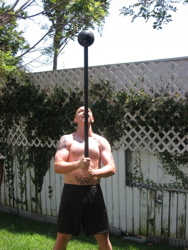Jake Shannon wields his Macebell (10kg). Jake Shannon wields his Macebell (10kg).