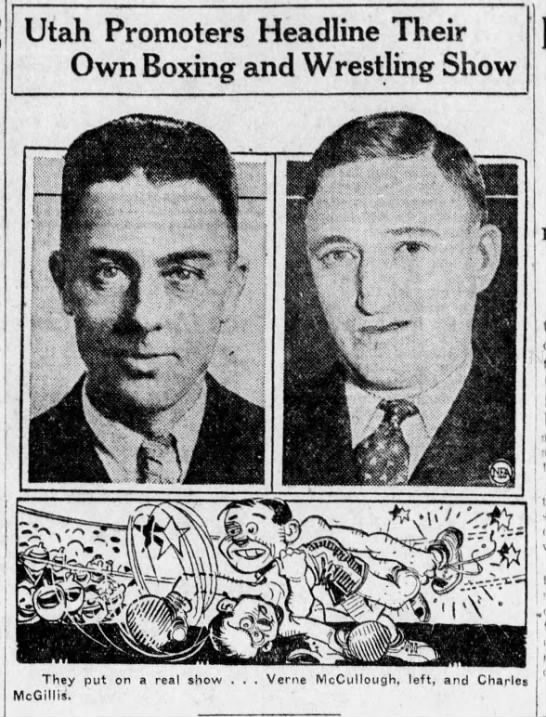 Wrestling promoter R. Verne McCullough (left) took on boxing promoter Chick McGillis (right) in a mixed match in an attempt to settle the debate about their respective sports' superiority. Wrestling promoter R. Verne McCullough (left) took on boxing promoter Chick McGillis (right) in a mixed match in an attempt to settle the debate about their respective sports' superiority.