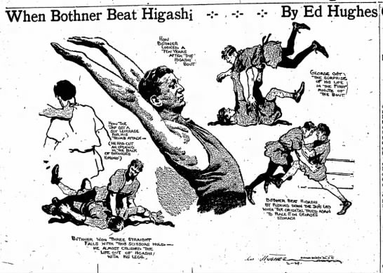 Sports cartoon depicting scenes of the Bothner/Higashi bout from Ed Hughes' syndicated column-1924 Sports cartoon depicting scenes of the Bothner/Higashi bout from Ed Hughes' syndicated column-1924