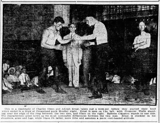 Charles Olson (right) ready to wrestle Ad Santel in Decatur, IL, 1910. Charles Olson (right) ready to wrestle Ad Santel in Decatur, IL, 1910.
