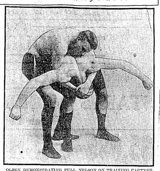 Charles Olson demonstrates his notorious Full Nelson. Once it was locked on, he would throw his weight forward, dropping to the mat and smashing the trapped head and neck of his opponent to the canvas. Charles Olson demonstrates his notorious Full Nelson. Once it was locked on, he would throw his weight forward, dropping to the mat and smashing the trapped head and neck of his opponent to the canvas