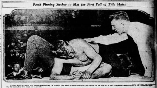 Pesek wins a fall from Joe Stecher in a 1926 St. Louis match Pesek wins a fall from Joe Stecher in a 1926 St. Louis match