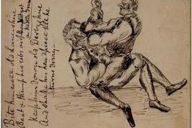 Bite him well old Lancashire
 Beat and thump his ribs as if thoudst got a kettle drum
 Keep him down old Derbyshire
 And shake his headpiece till he turns dizzy

Drawing: Up and Down Fight. Ol