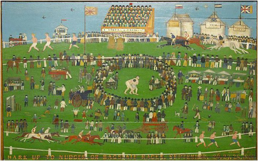 Painting: Hark up to Nudger
                 Headlock into Cross Buttock (detail)
                 by J. Howarth, 1844
Note: This painting portrays a final contest of the Nudger Sports' Lancash