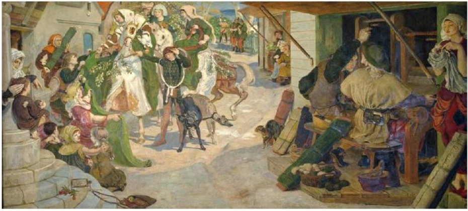 Painting: The Establishment of Flemish Weavers in Manchester. AD 1363
                 by Ford Maddox Brown, 1882