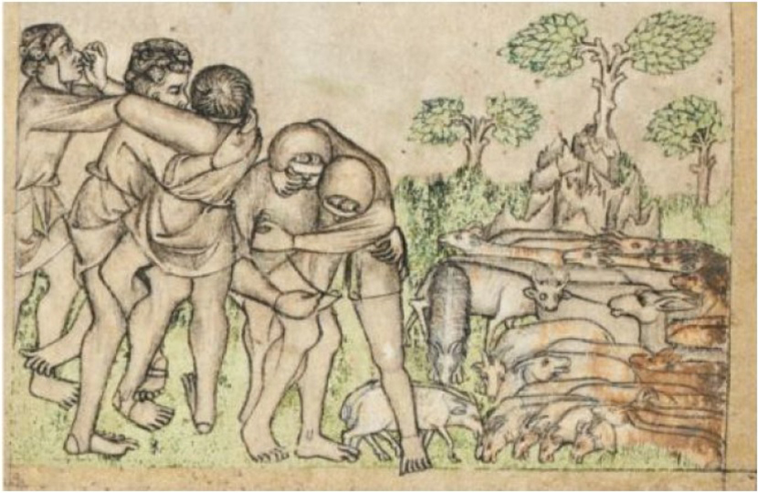 Drawing: Egerton Genesis. Catch-Hold, Peasants Wrestle. 14th century.