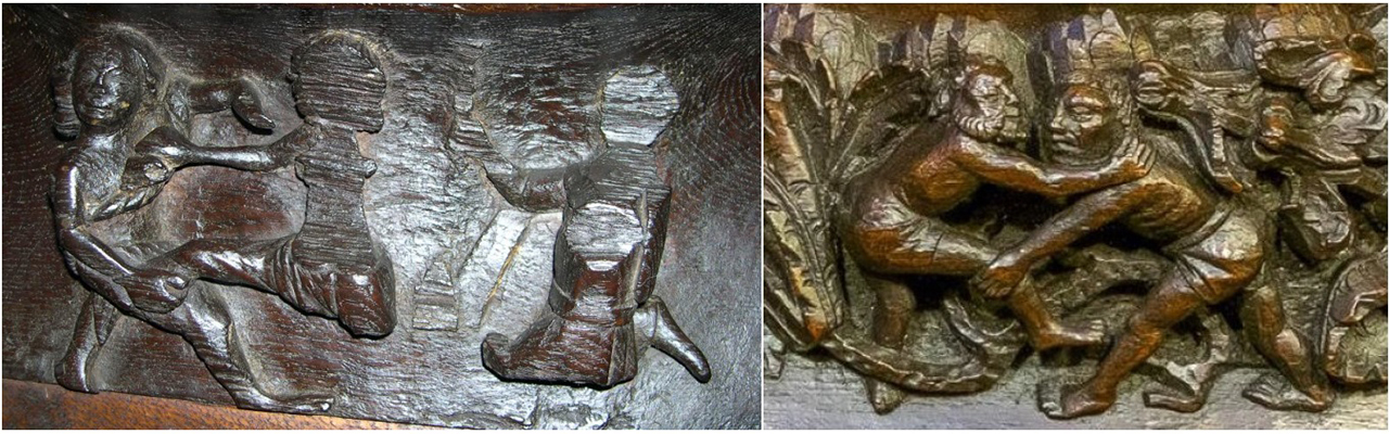 Misericords:
Left: Abbey of St. Mary the Virgin, Tewkesbury, Gloucestershire (14th Century)
Right: St. George's Chapel, Windsor Caste (15th Century)
Description: Wrestling at Arms' Length (Collar Wrestling), Kicking, Leg Hold Misericords:
Left: Abbey of St. Mary the Virgin, Tewkesbury, Gloucestershire (14th Century)
Right: St. George's Chapel, Windsor Caste (15th Century)
Description: Wrestling at Arms' Length (Collar W