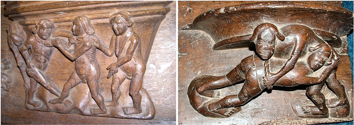 Misericords:
Left: Bristol Cathedral of the Holy and Undivided Trinity
Collar Wrestling (16th Century)
Right: The Priory Church of St Peter, Thurgarton, Nottinghamshire
Belt Wrestling (15th century) Misericords:
Left: Bristol Cathedral of the Holy and Undivided Trinity
Collar Wrestling (16th Century)
Right: The Priory Church of St Peter, Thurgarton, Nottinghamshire
Belt Wres